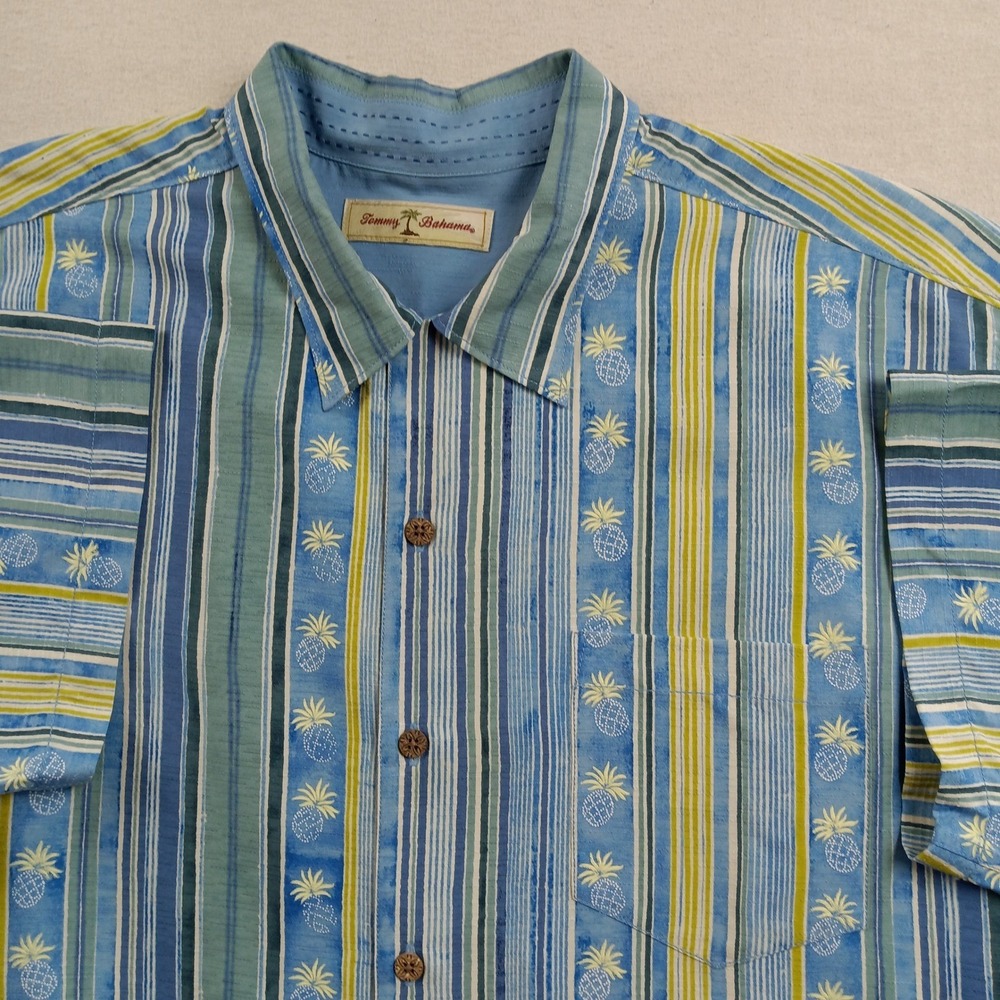 Tommy Bahama Mens XL Silk Pineapple Stripe Short Sleeve Button Down Shirt Blue‎